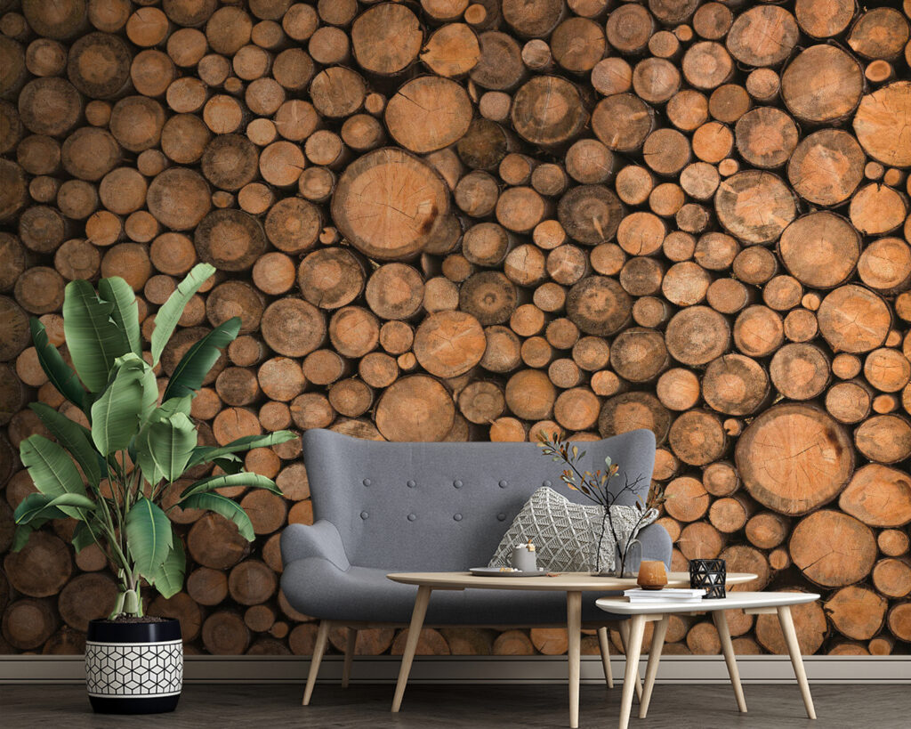 Ronde houtschijven dicht opeen — interieur 1