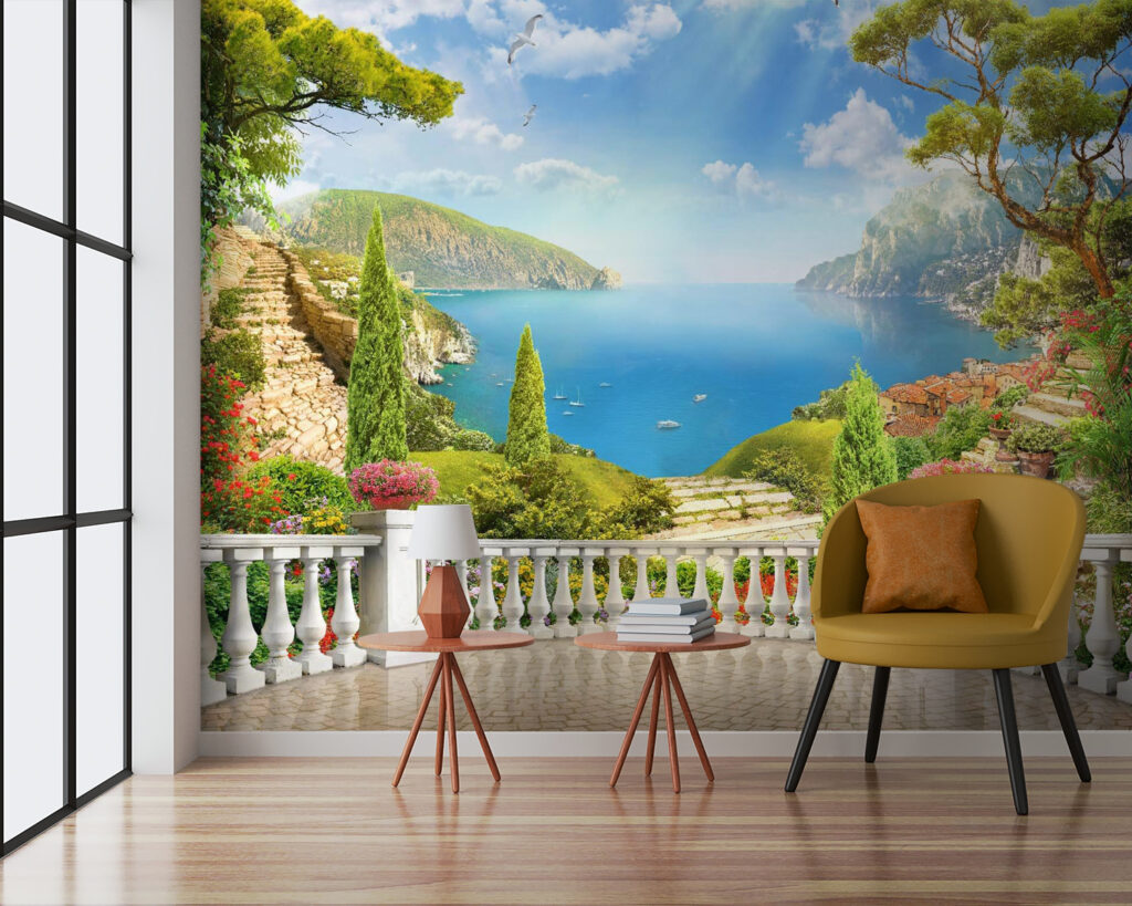 Balkon met uitzicht op een meer en bomen — interieur 2
