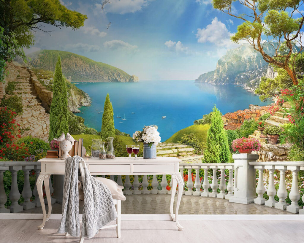 Balkon met uitzicht op een meer en bomen — interieur 4