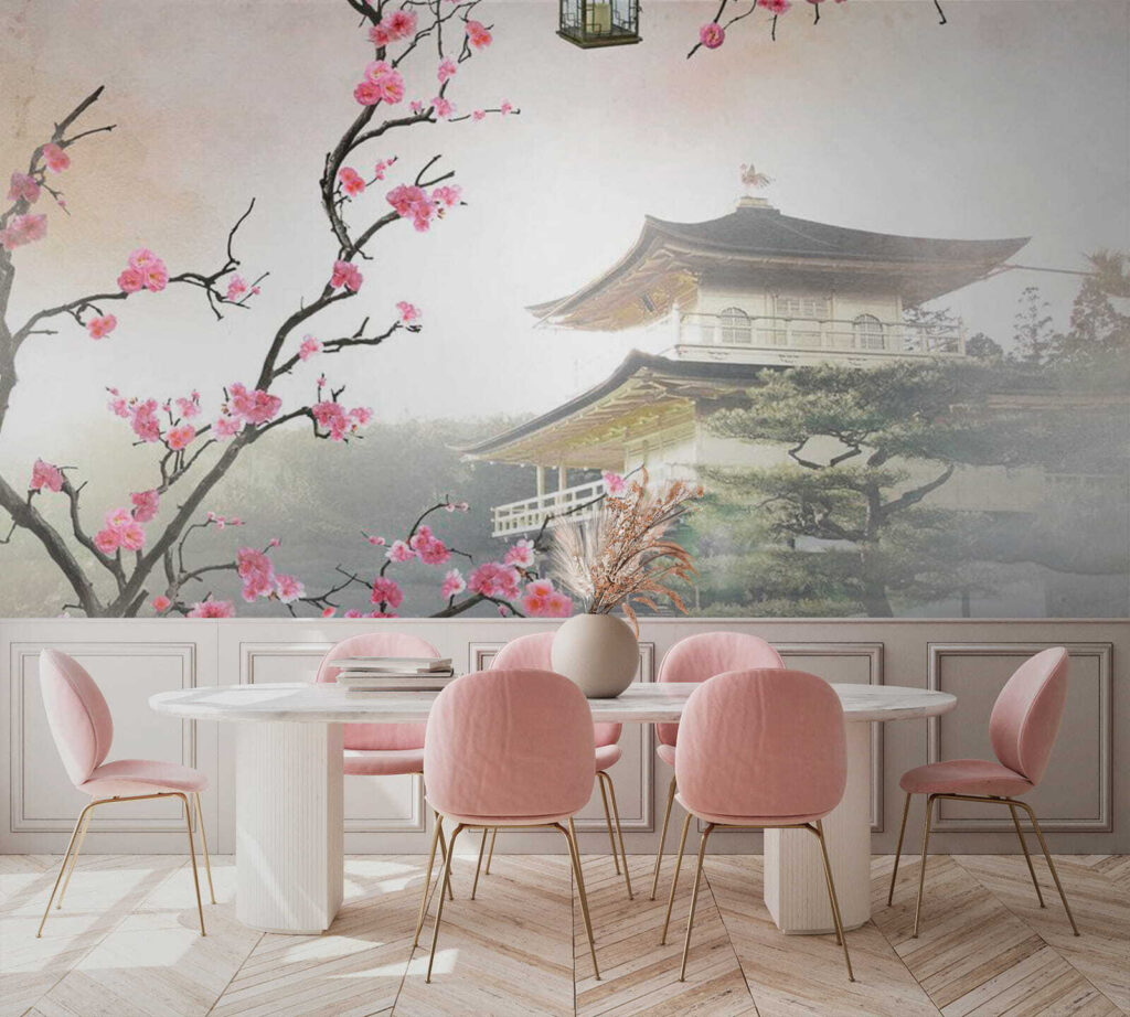 Boom met roze bloemen en een gebouw op de achtergrond in een interieur