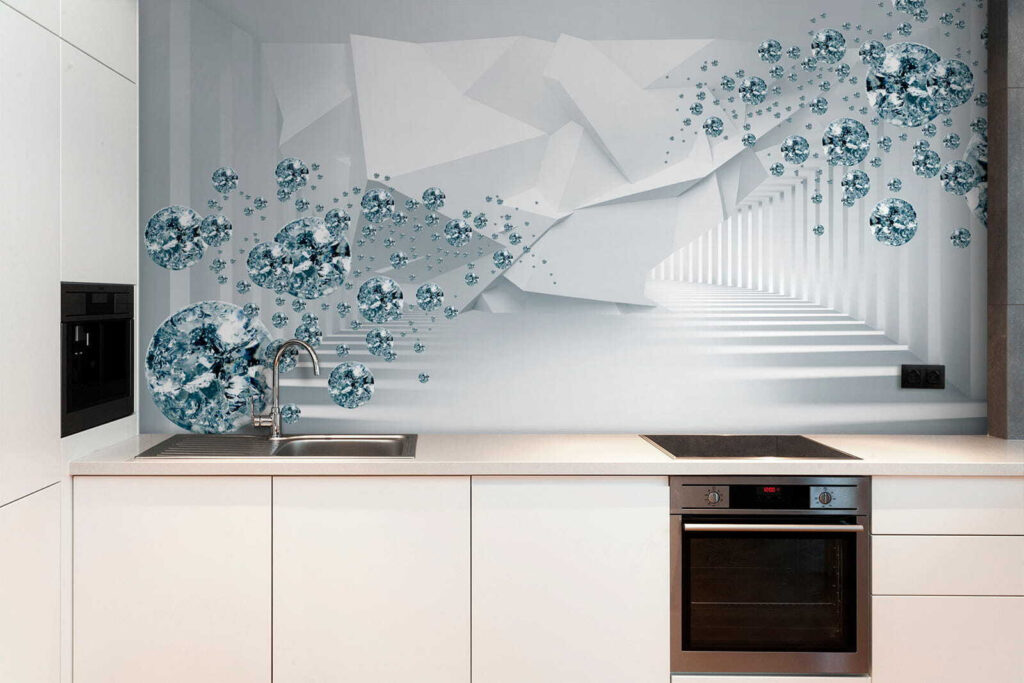 Blauwe bloemranken naast facetten — interieur 1