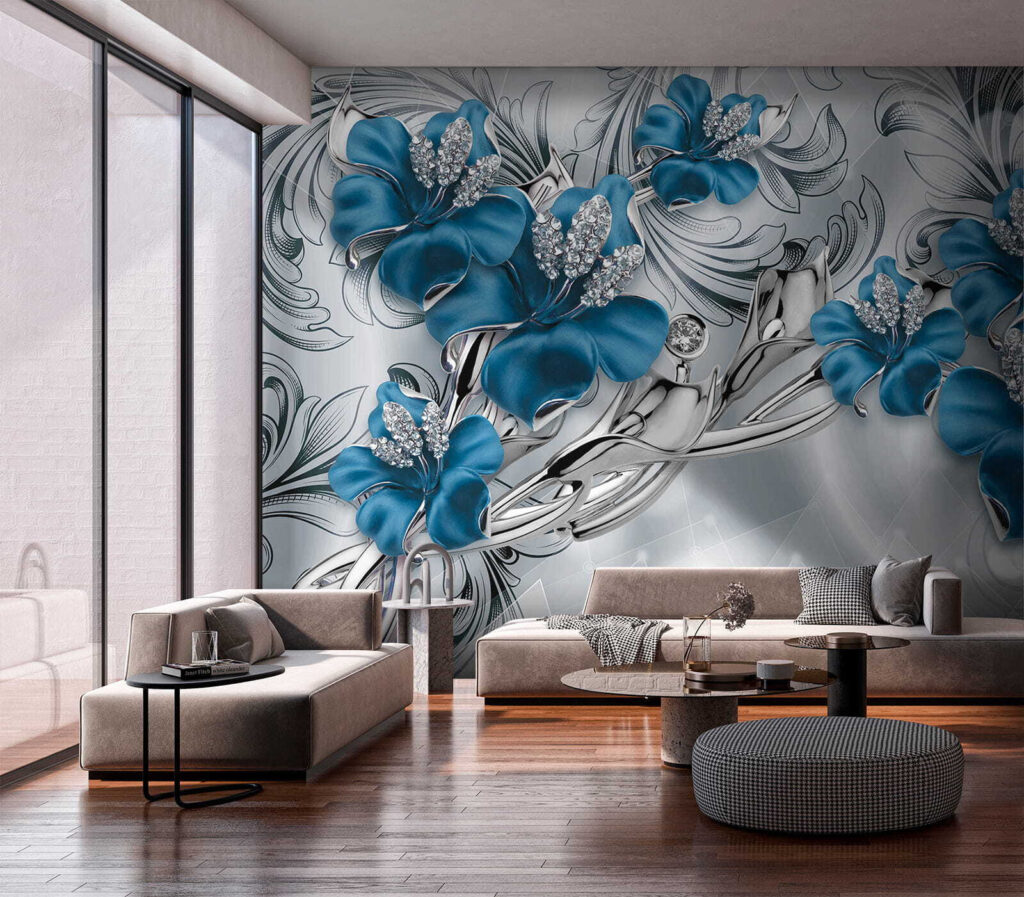 Elegante blauwe bloemen met een gedetailleerd patroon — interieur 4