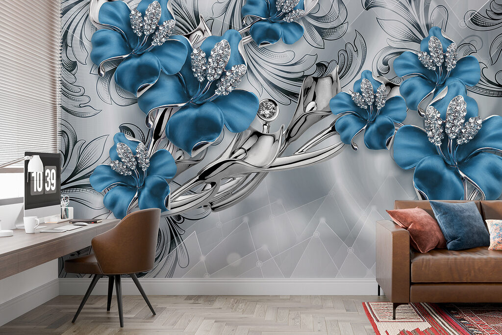 Elegante blauwe bloemen met een gedetailleerd patroon — interieur 11
