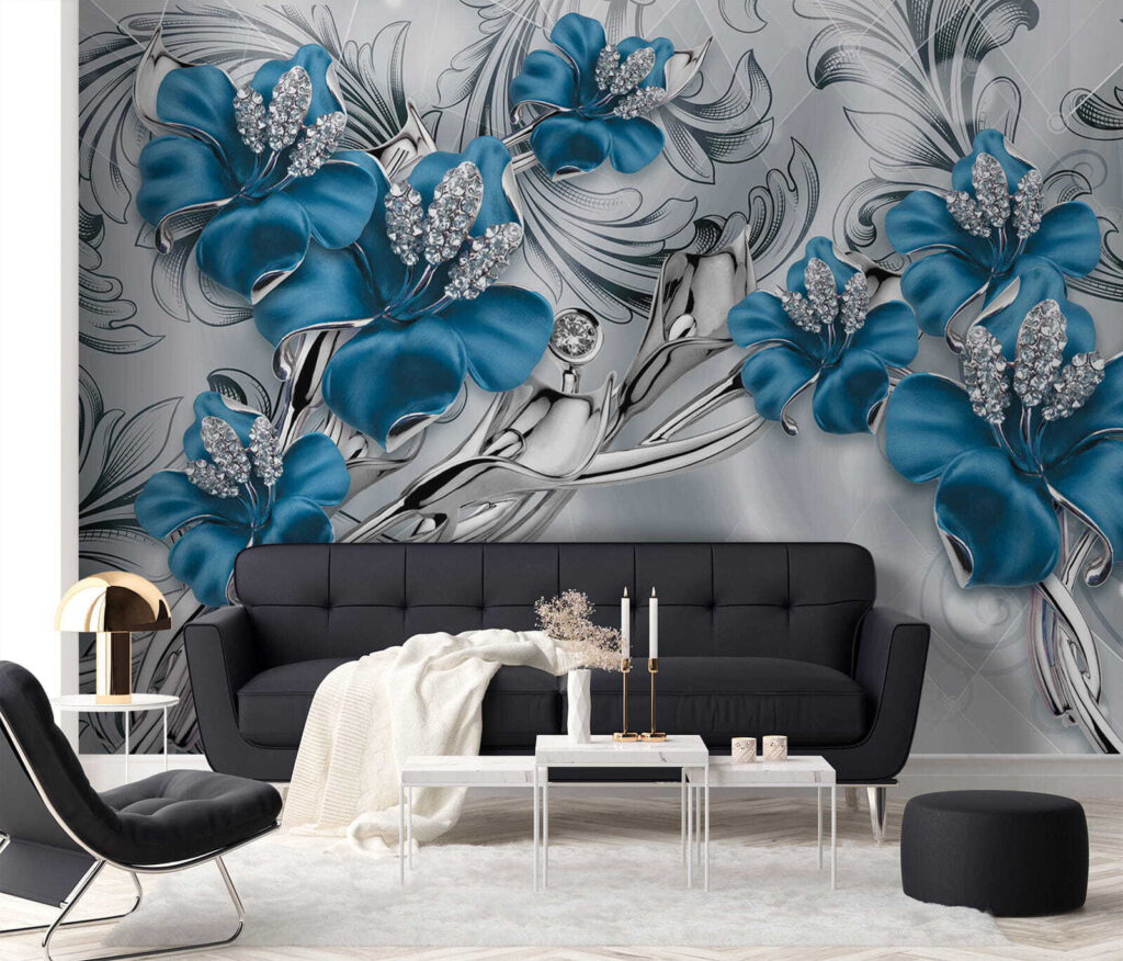 Elegante blauwe bloemen met een gedetailleerd patroon — interieur 5