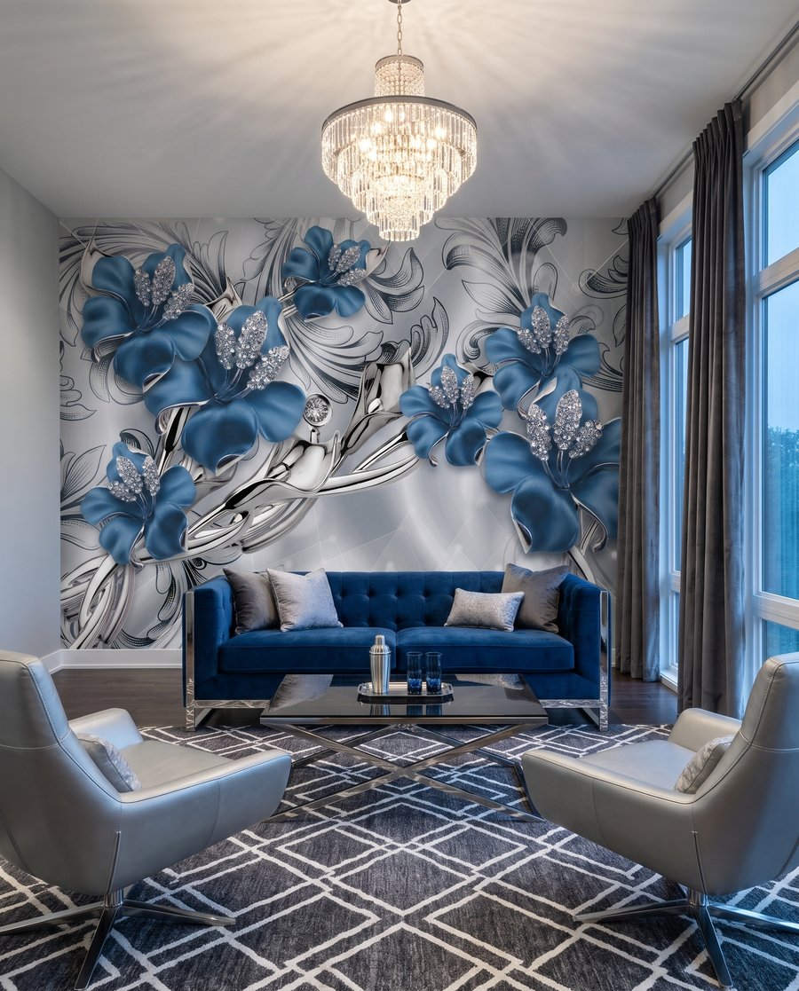 Blauwe orchideeën tussen zilverkrullen in een interieur