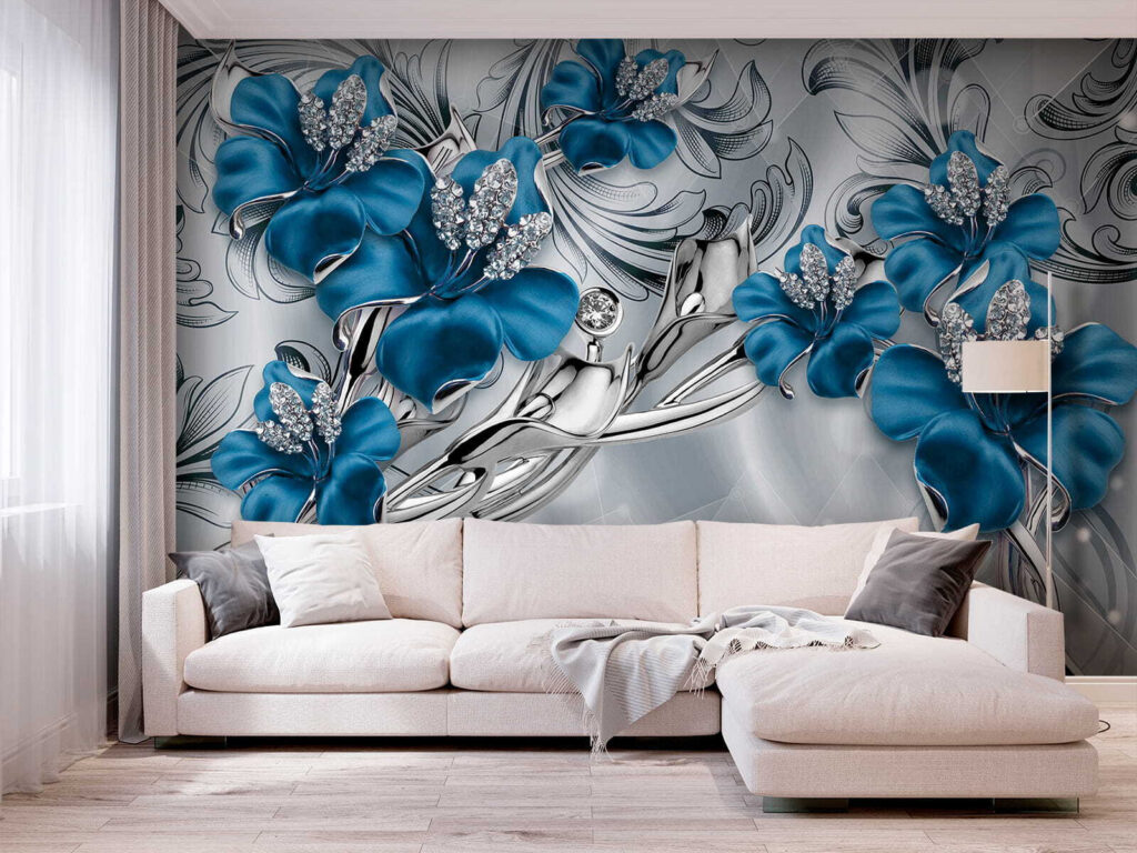 Elegante blauwe bloemen met een gedetailleerd patroon in een interieur