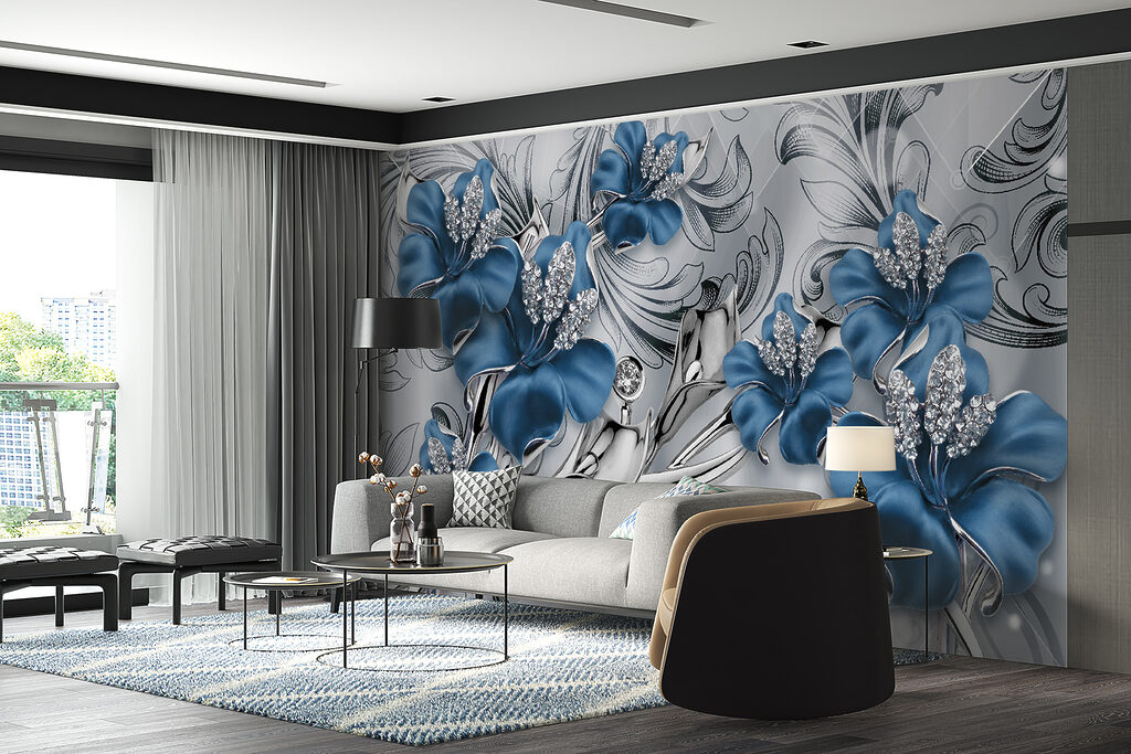 Elegante blauwe bloemen met een gedetailleerd patroon — interieur 10