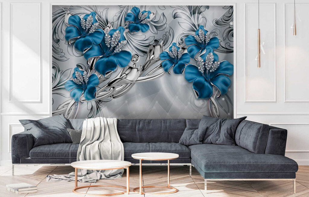 Elegante blauwe bloemen met een gedetailleerd patroon — interieur 6