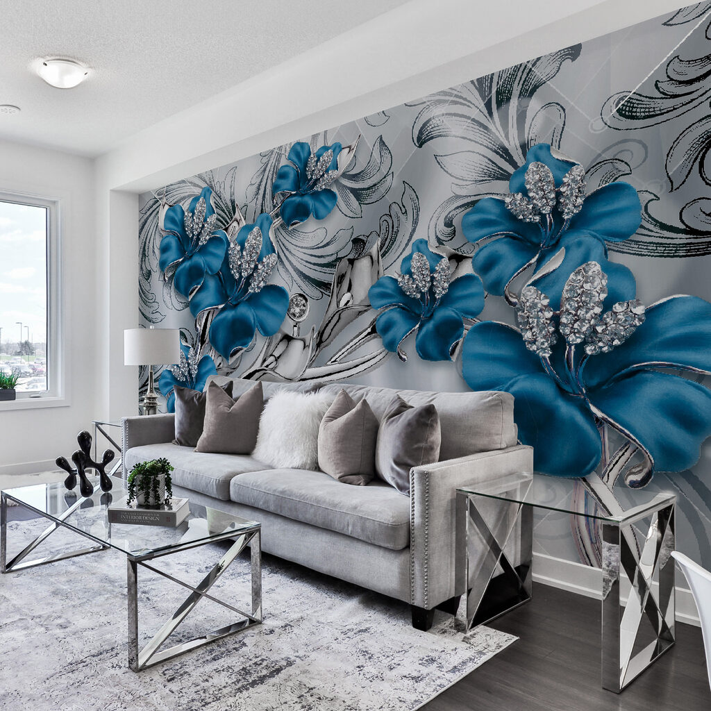 Elegante blauwe bloemen met een gedetailleerd patroon — interieur 13