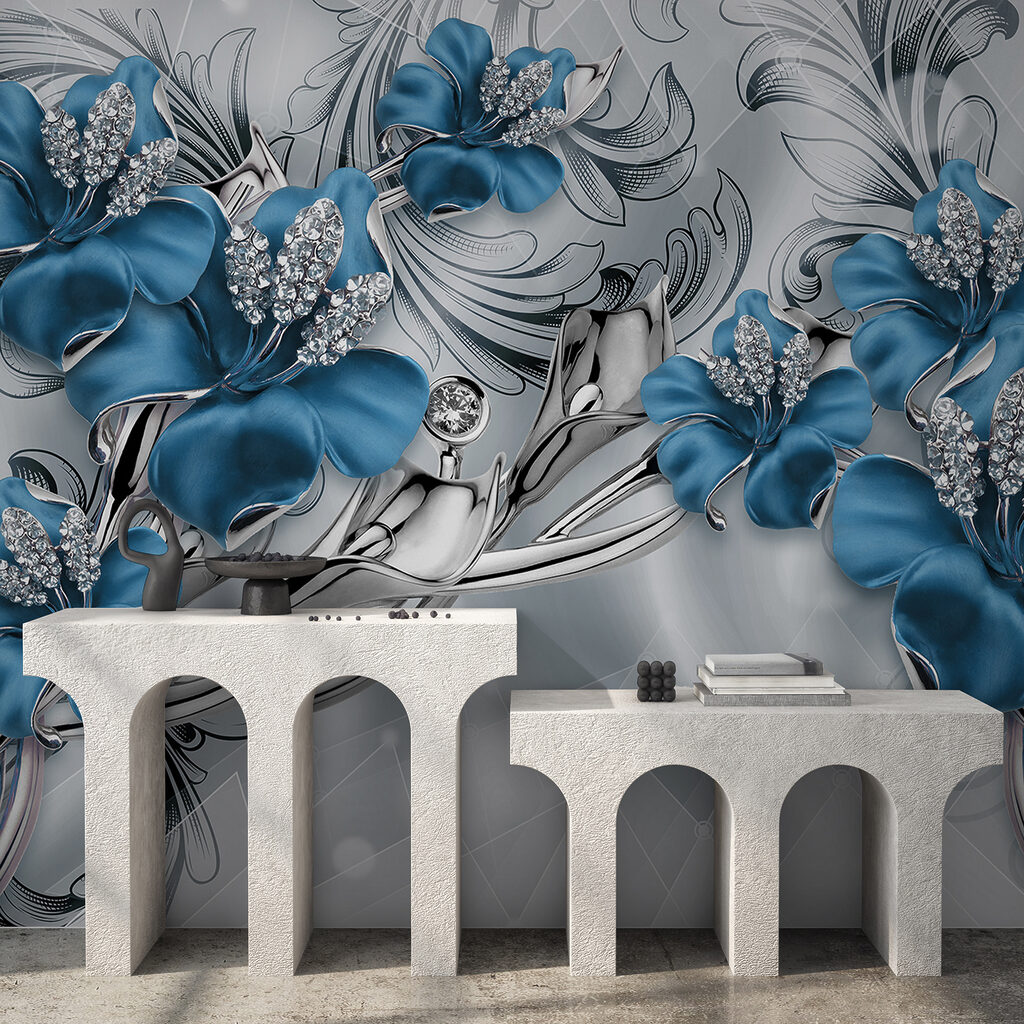Elegante blauwe bloemen met een gedetailleerd patroon — interieur 12