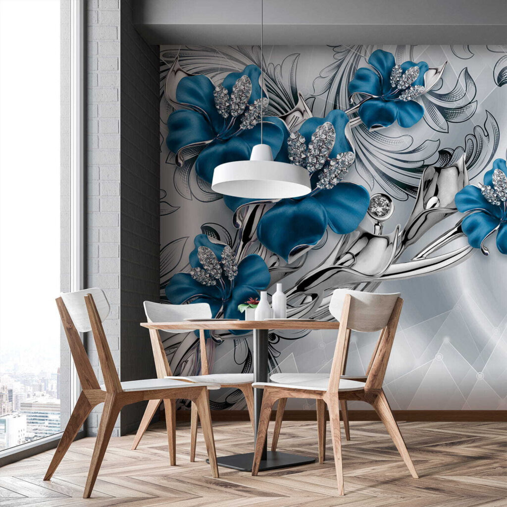 Elegante blauwe bloemen met een gedetailleerd patroon — interieur 9