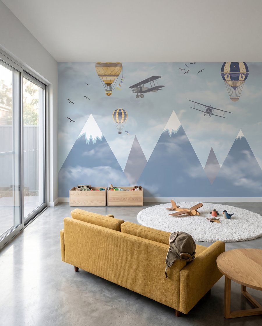 Ballonnen boven witte bergpunten in een interieur