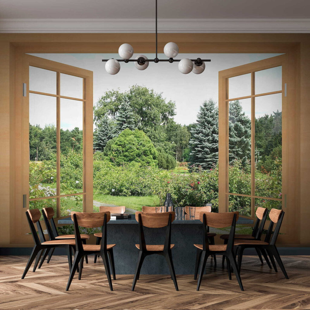 Venster met bomen en een pad erdoorheen in een interieur
