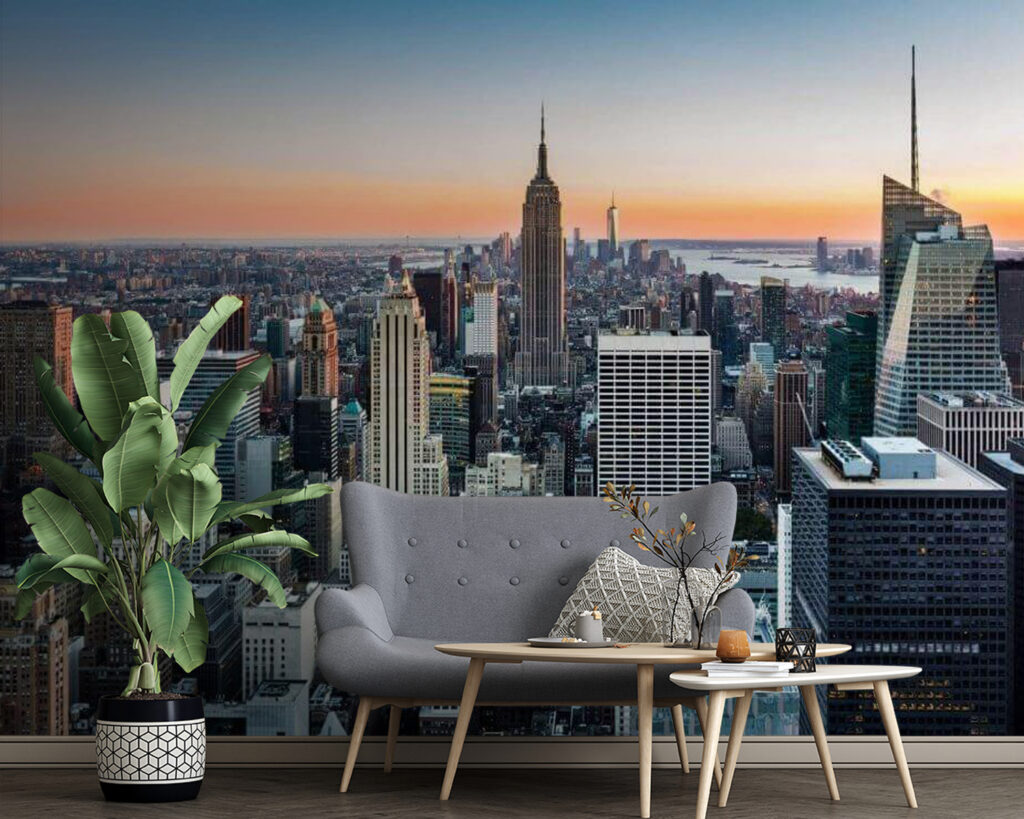 Stads skyline met hoge gebouwen in een interieur
