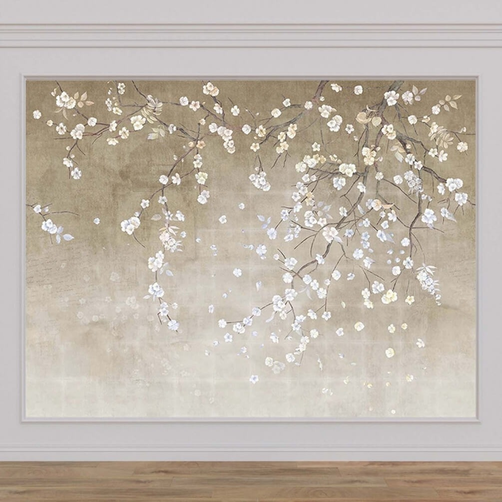 Witte bloesem dwarrelt neer — interieur 1