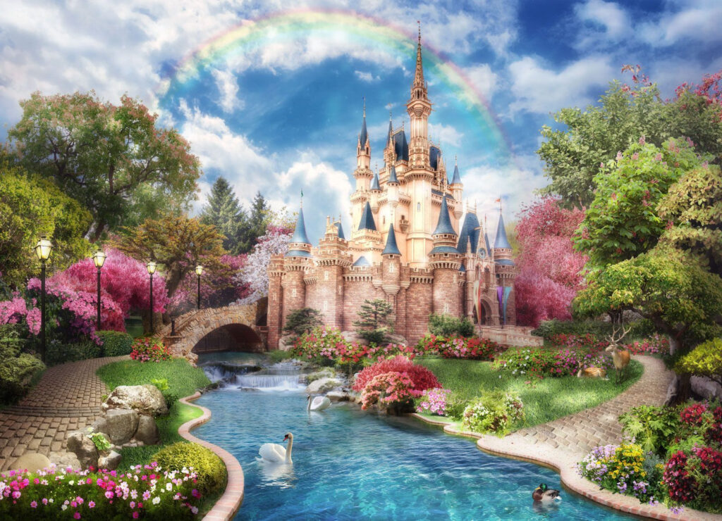 Kasteel bij een regenboogvijver — volledig ontwerp