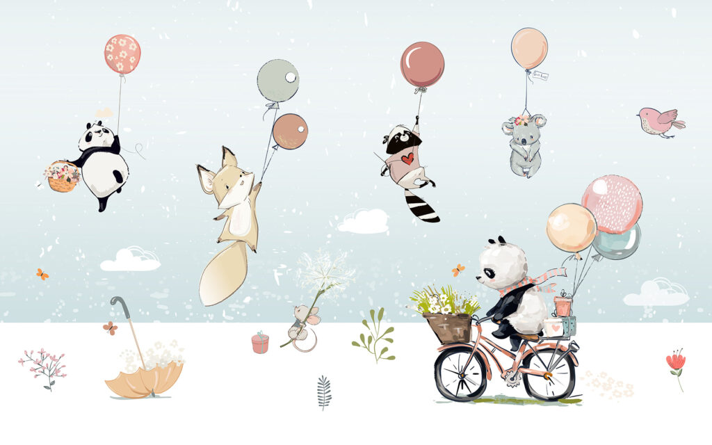 Dieren zweven boven fietstocht — volledig ontwerp
