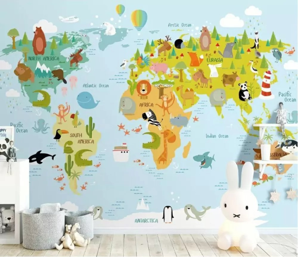 Wereldkaart met getekende dieren — interieur 1