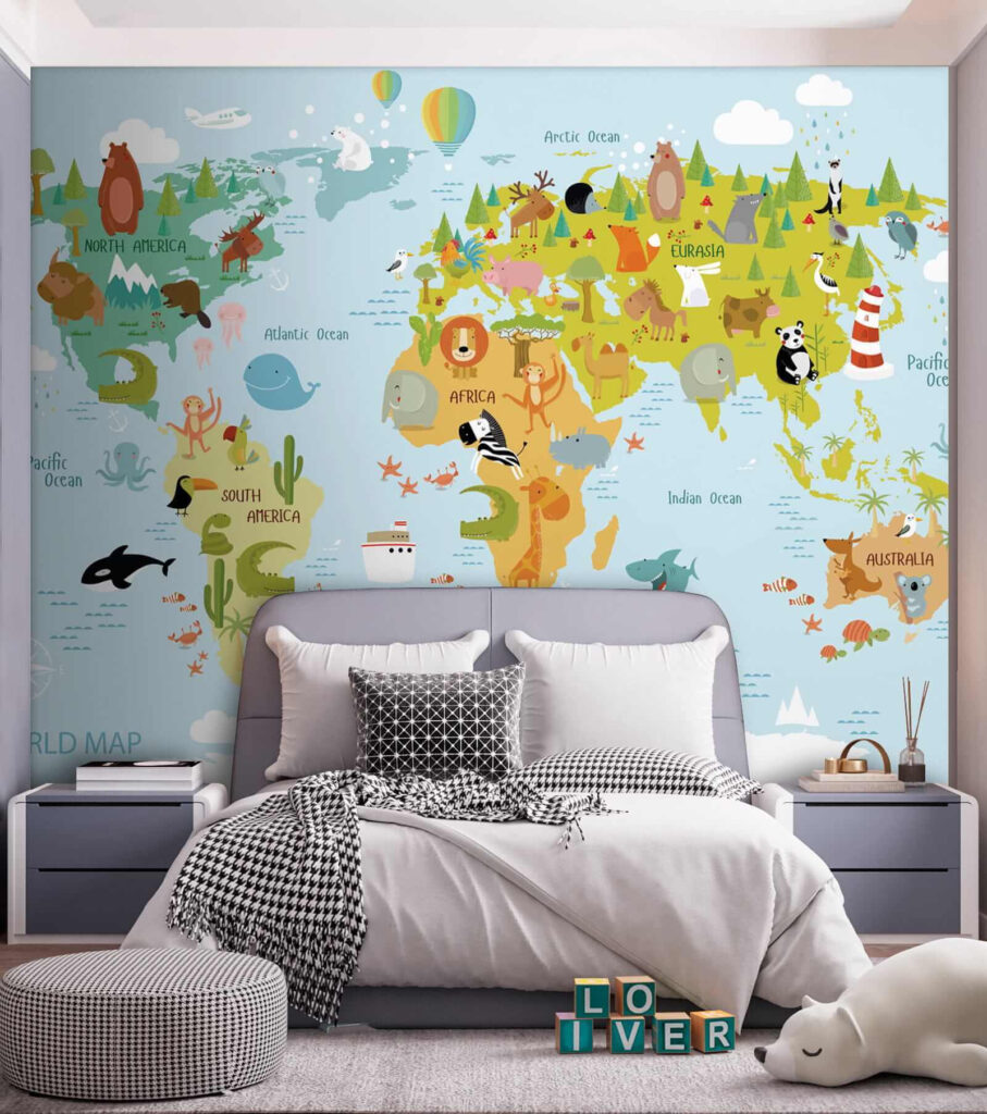 Wereldkaart met getekende dieren — interieur 2