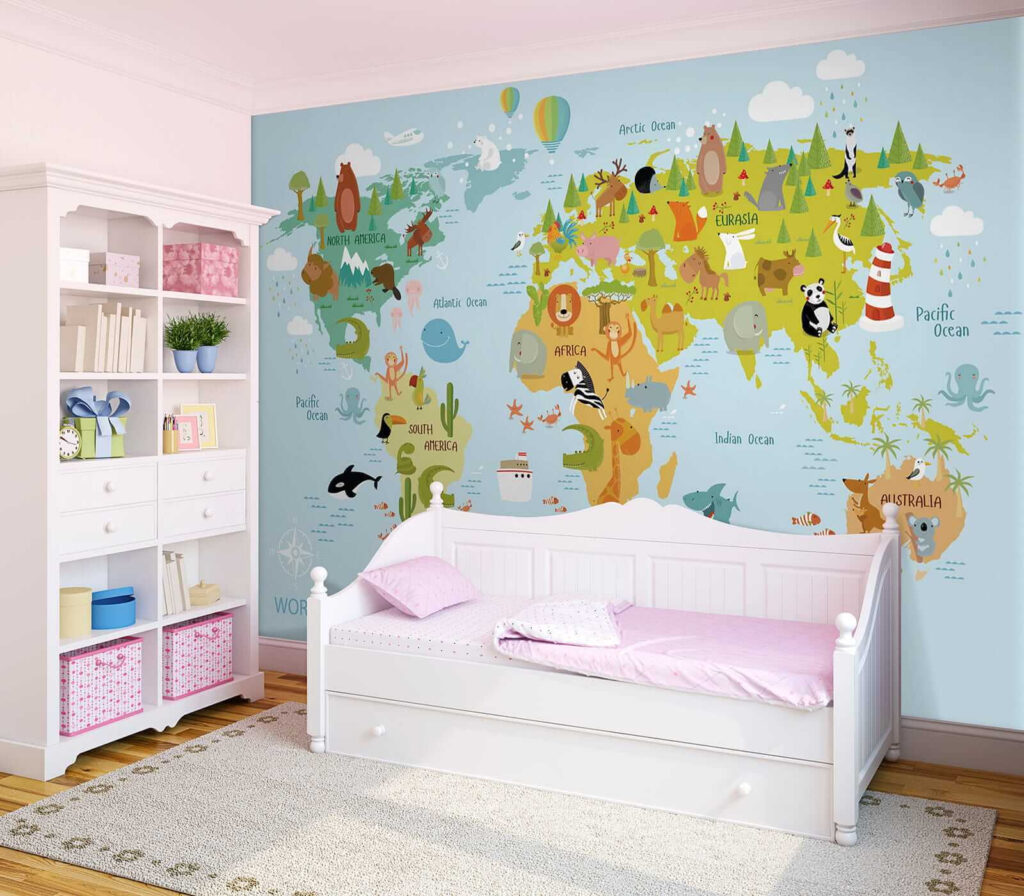Wereldkaart met getekende dieren — interieur 3