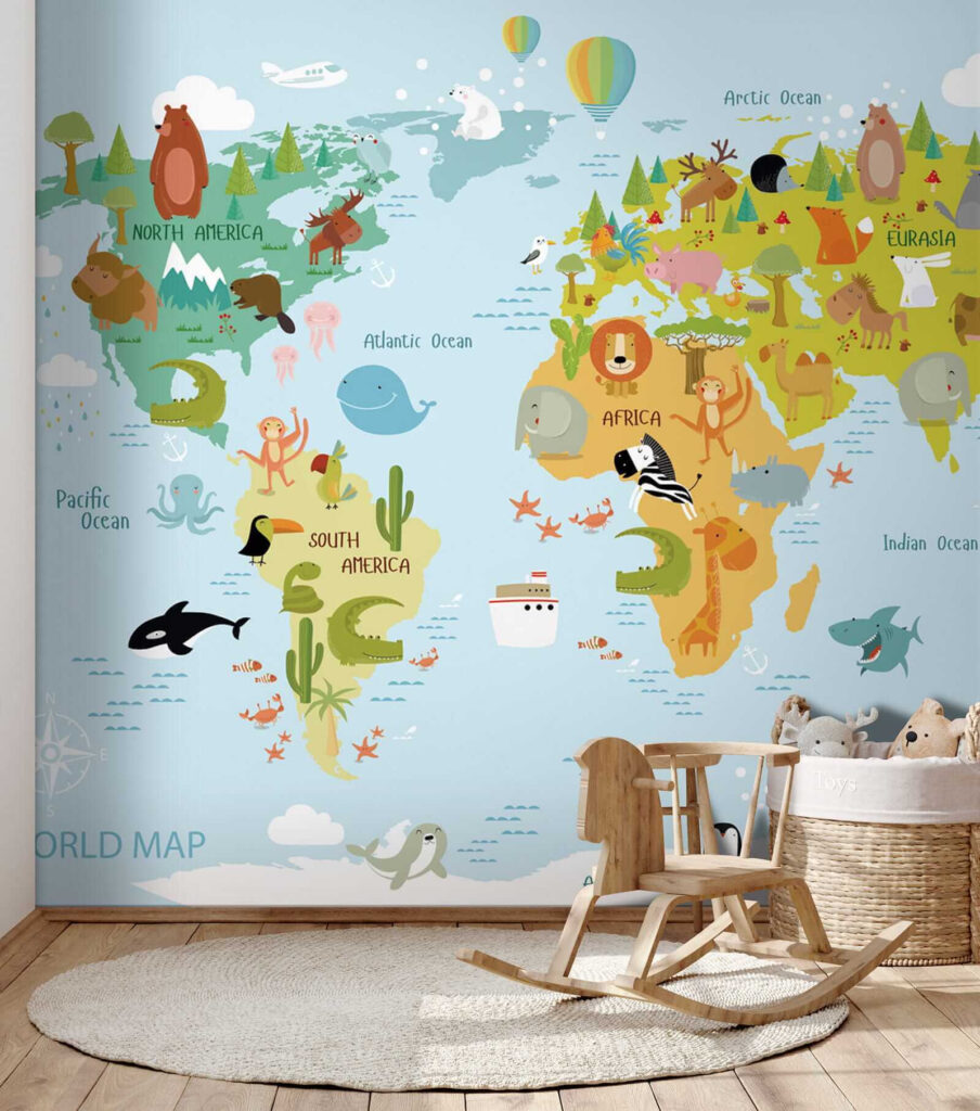 Wereldkaart met getekende dieren — interieur 4