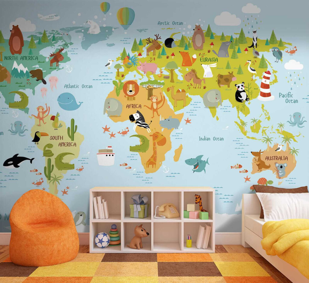 Wereldkaart met getekende dieren — interieur 5