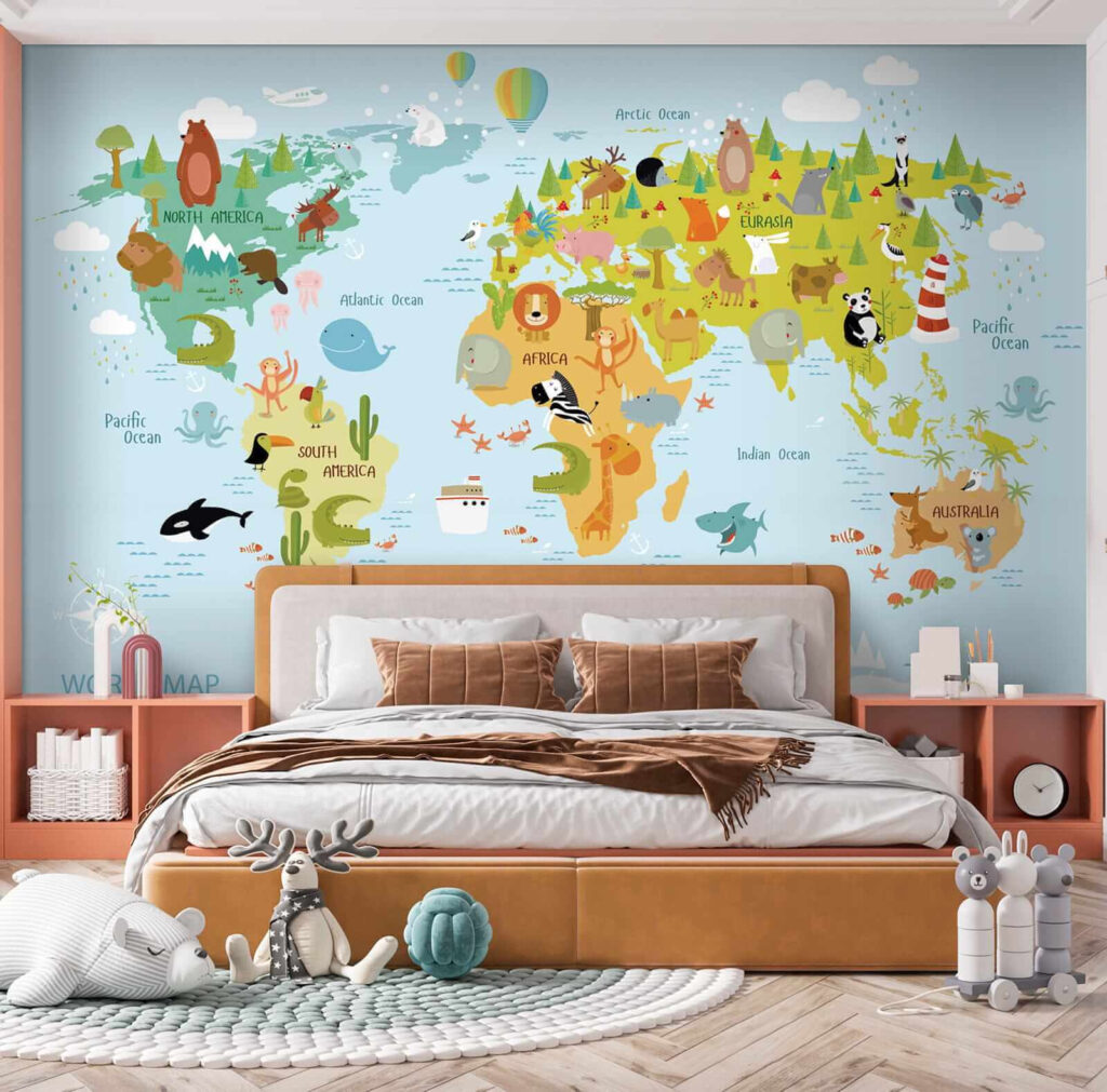Wereldkaart met getekende dieren — interieur 6