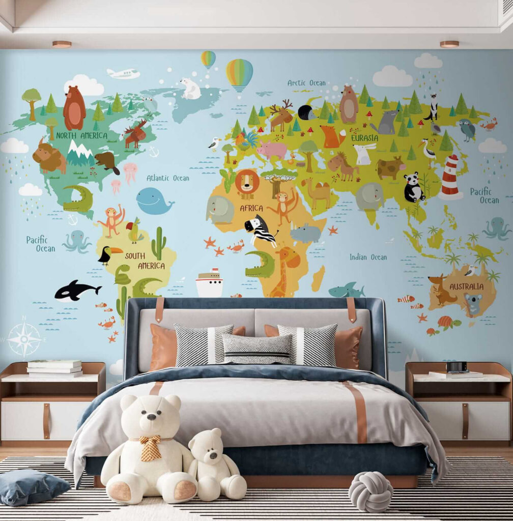 Wereldkaart met getekende dieren — interieur 7