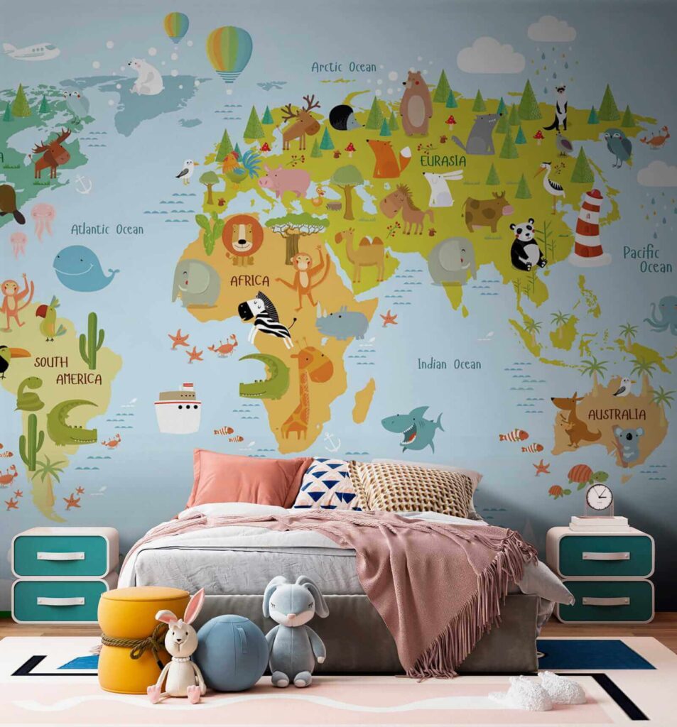 Wereldkaart met getekende dieren — interieur 8