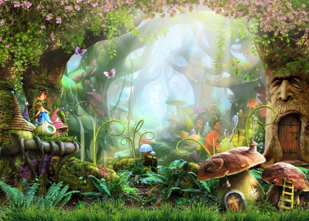 Sprookjesbos met een sprookjeshuis en paddenstoelen — volledig ontwerp