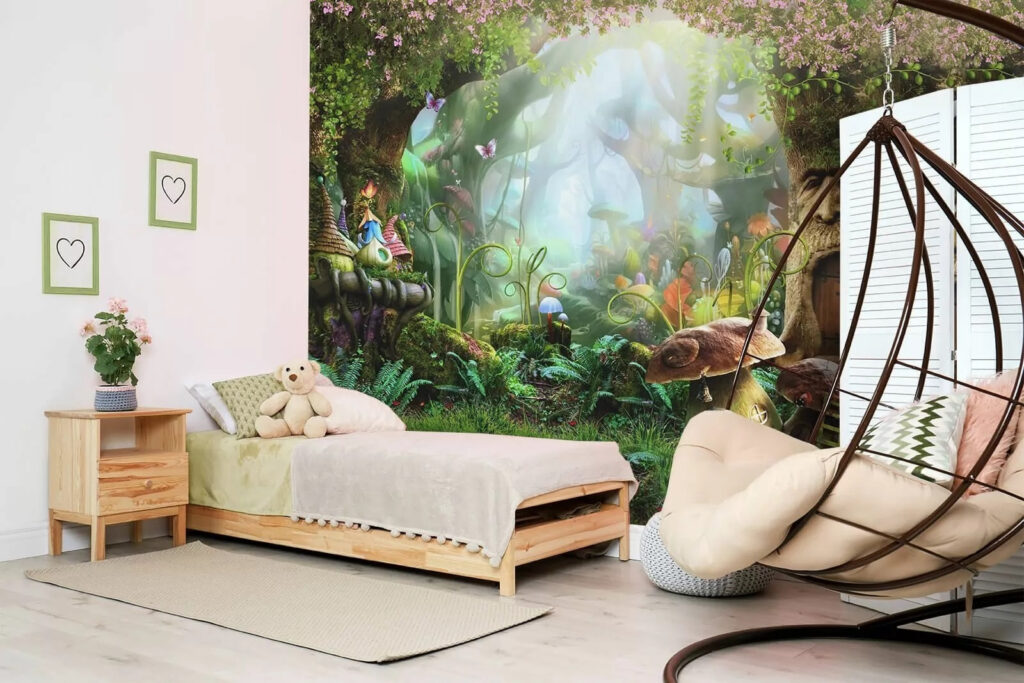 Sprookjesbos met een sprookjeshuis en paddenstoelen in een interieur