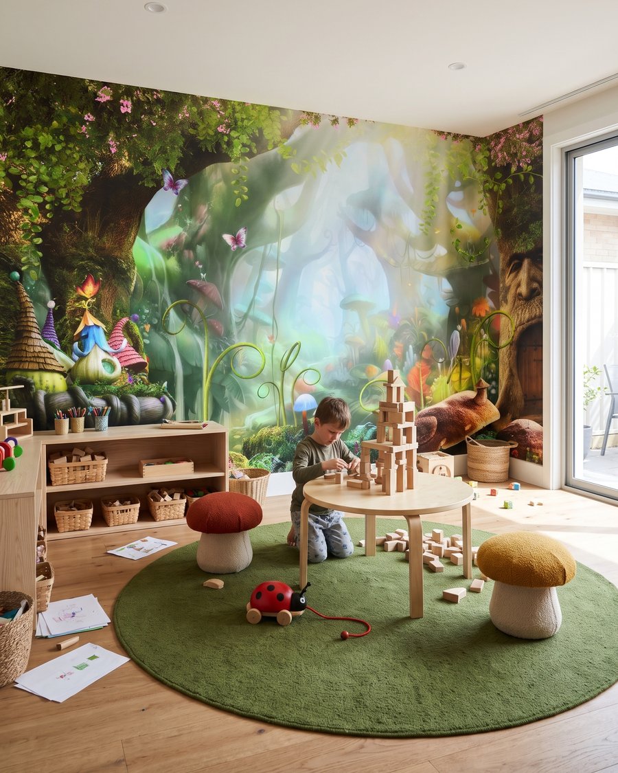 Sprookjesdorp tussen grote boomwortels in een interieur