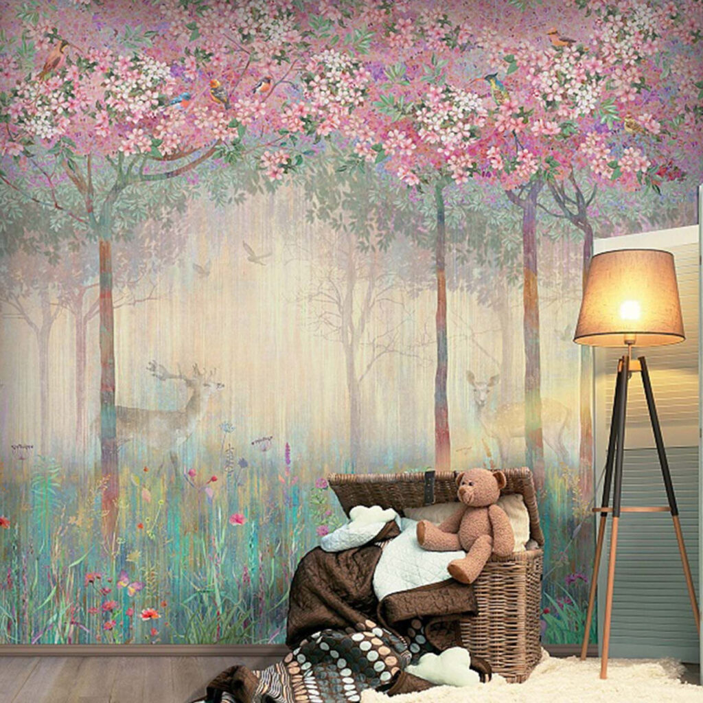 Schilderij van een bos met bomen en bloemen in een interieur
