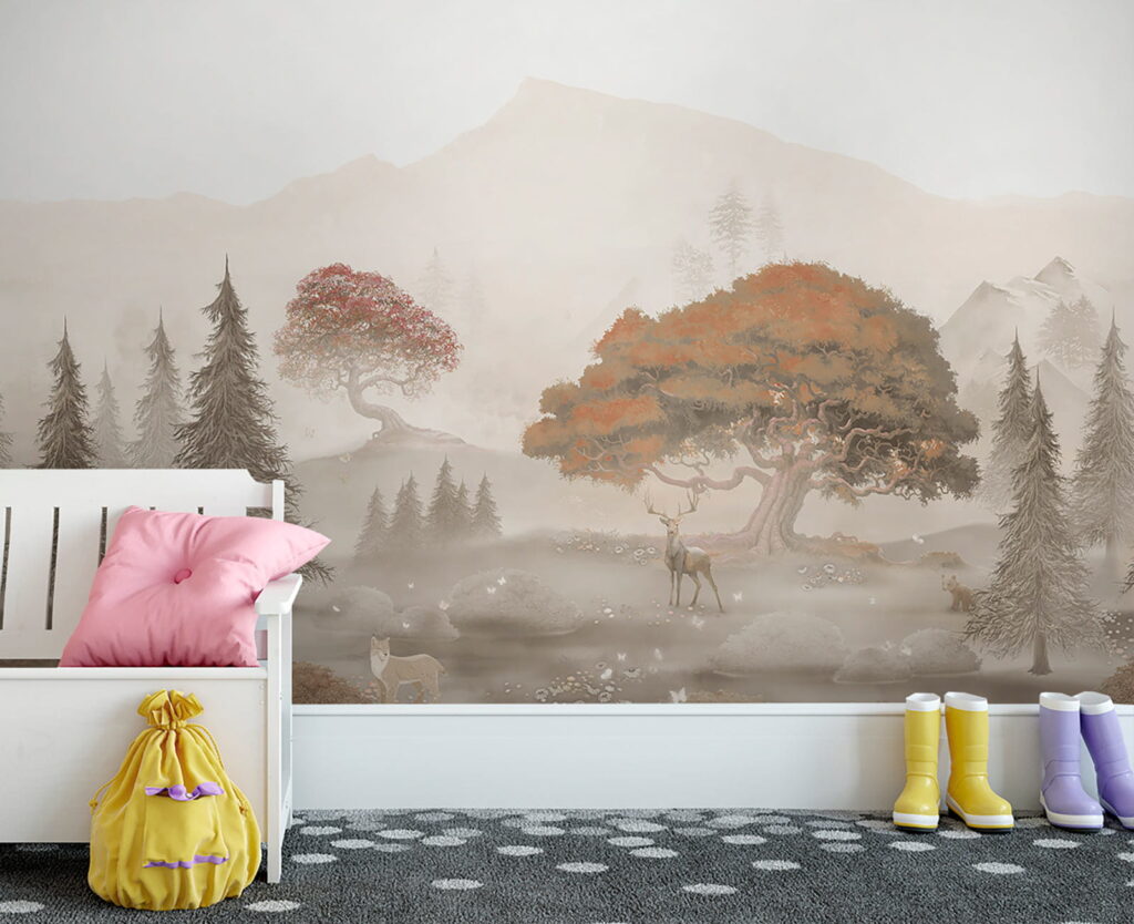 Herten aan mistig boswater — interieur 1
