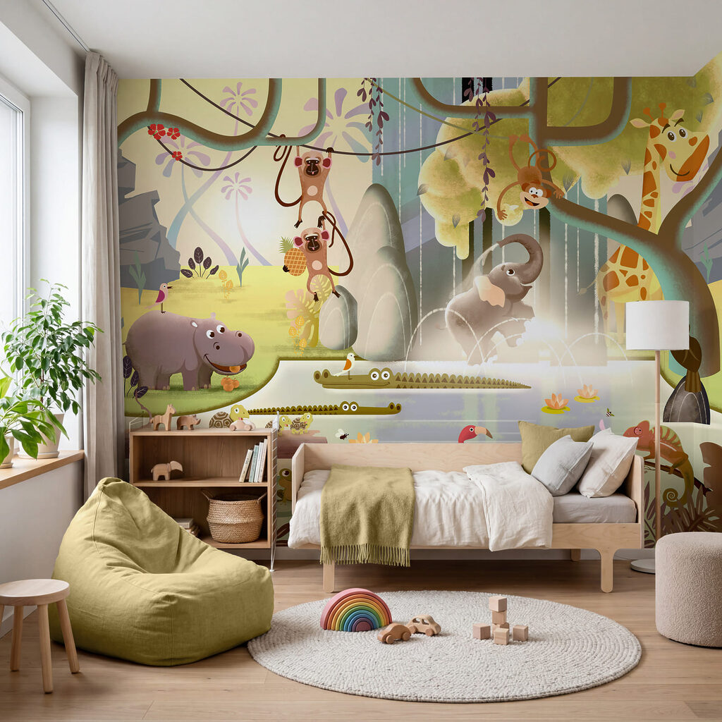 Cartoon van dieren in een vijver in een interieur