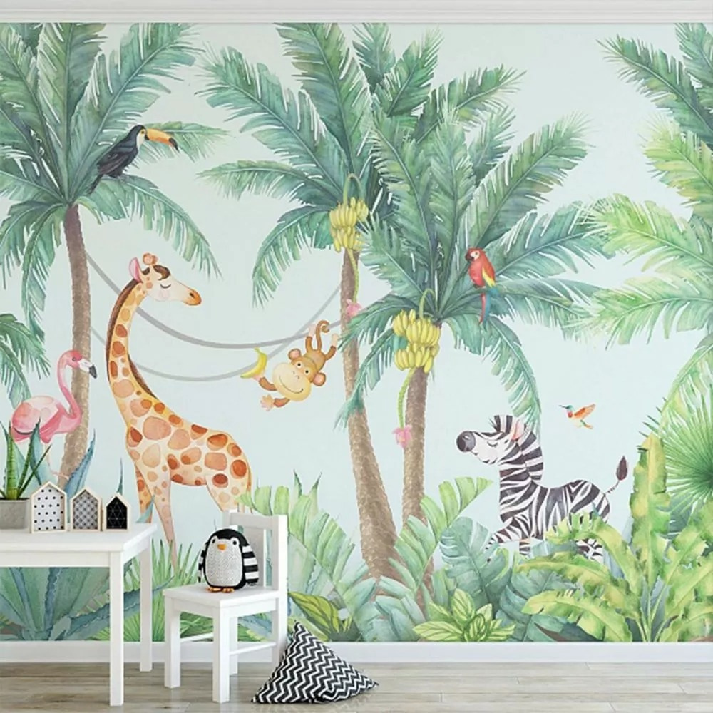 Giraffe en zebra in een jungle in een interieur