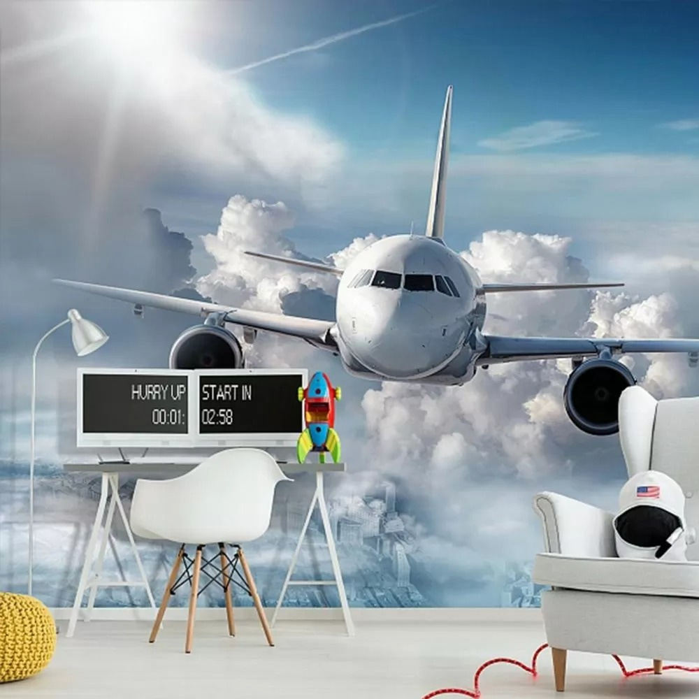 Een vliegtuig in de lucht in een interieur