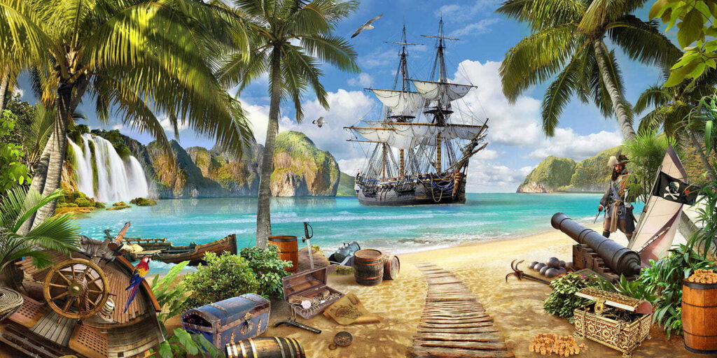 Piratenschip bij een palmstrand — volledig ontwerp