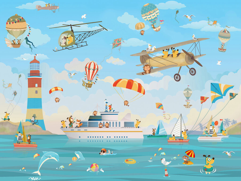 Cartoon dieren vliegen over een boot — volledig ontwerp