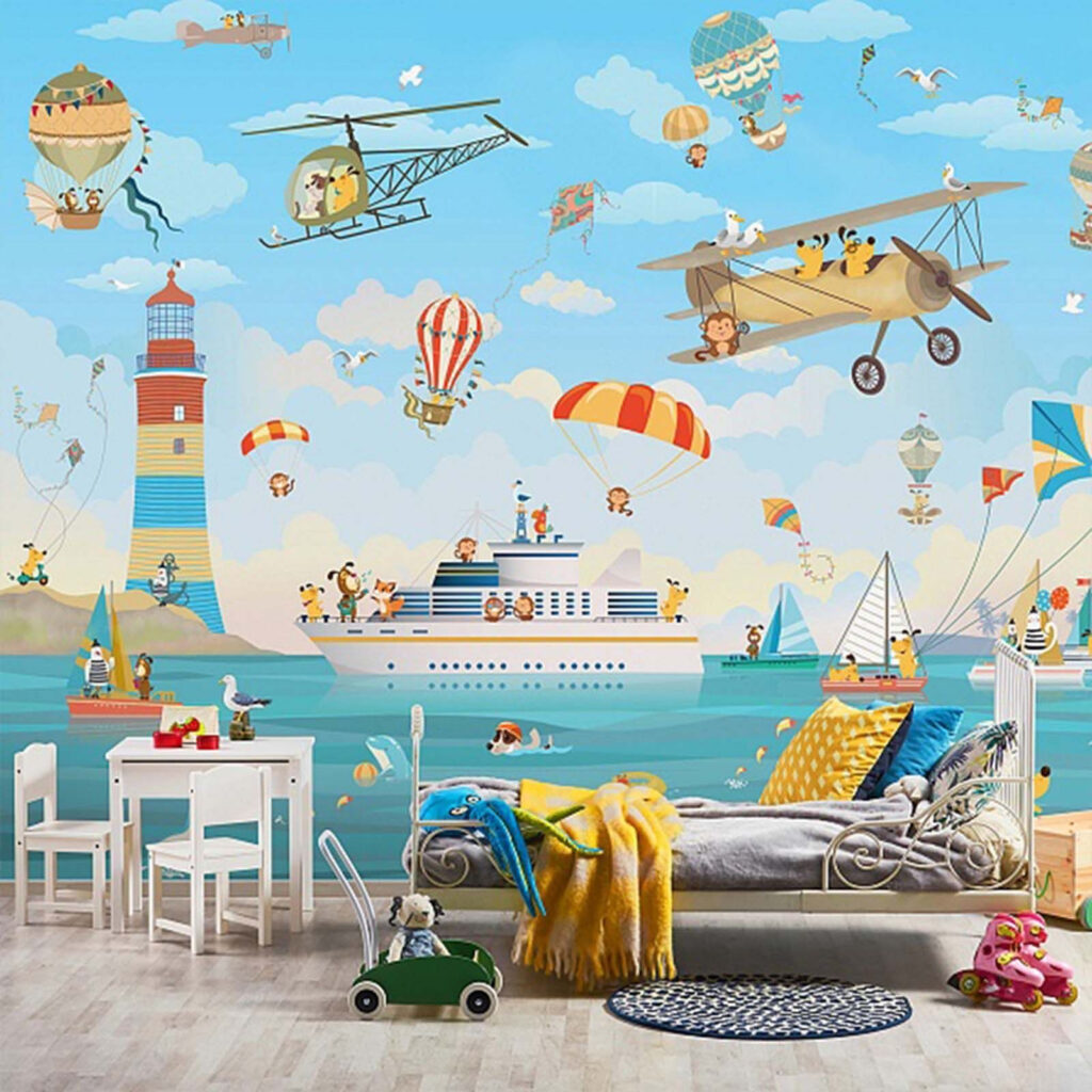 Cartoon dieren vliegen over een boot in een interieur