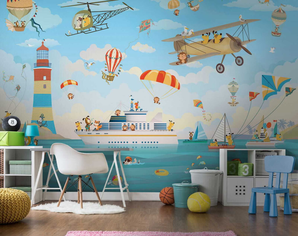 Cartoon dieren vliegen over een boot — interieur 3