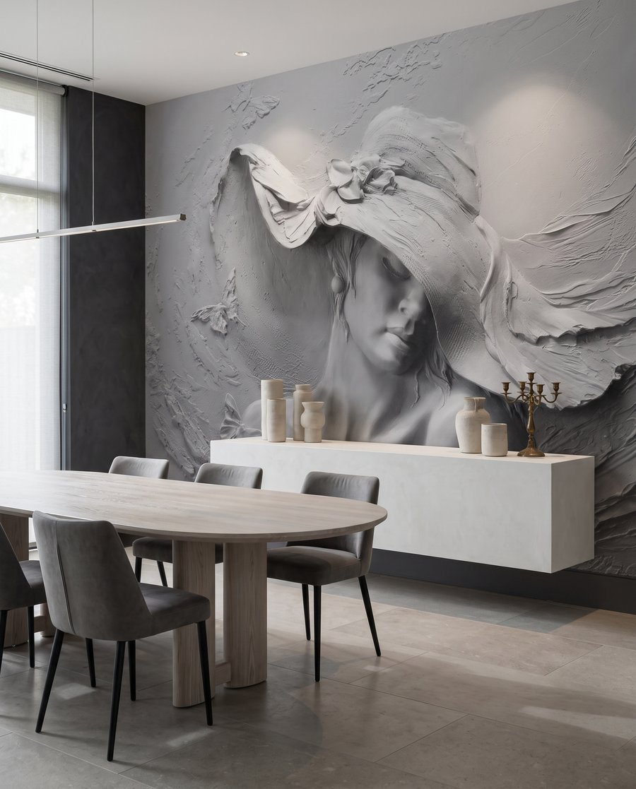 Vrouw met golvende hoed in een interieur