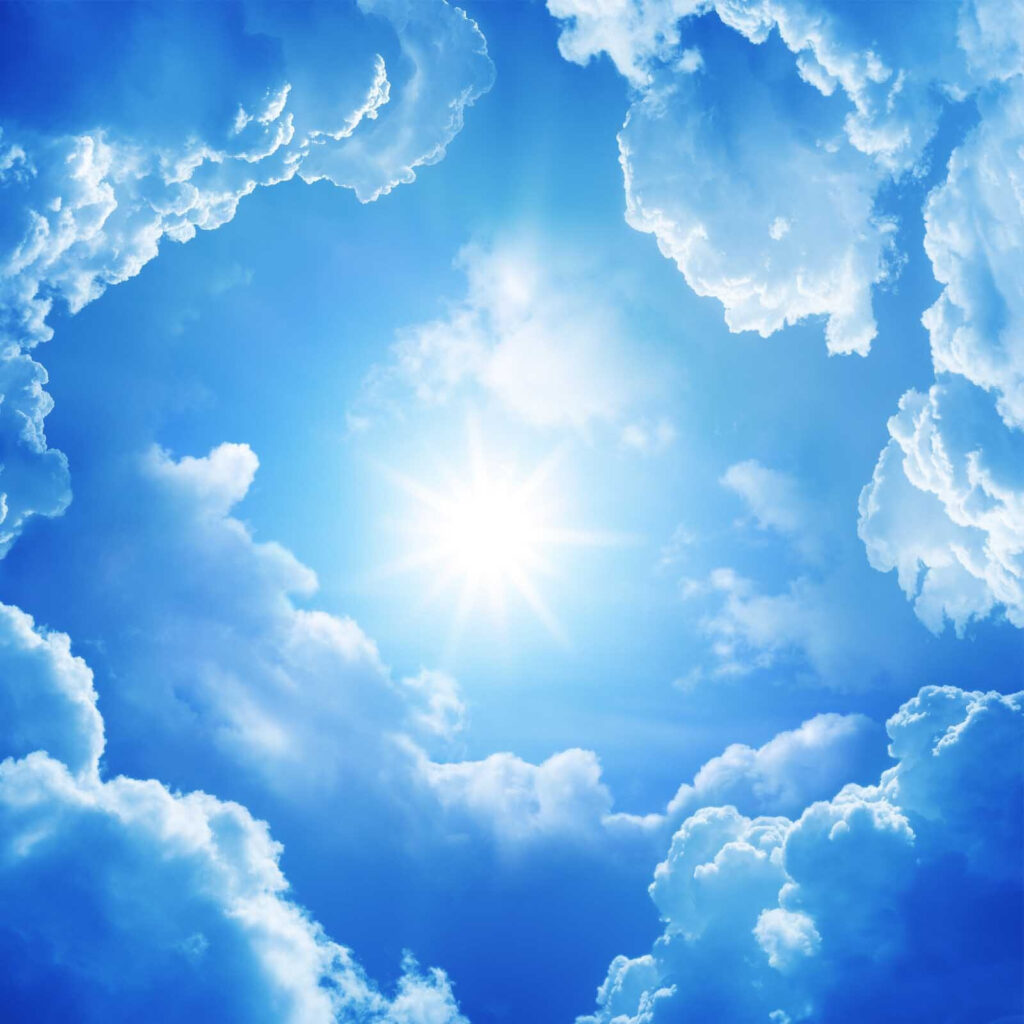 Een stralende, zonovergoten hemel en pluizige wolken — volledig ontwerp