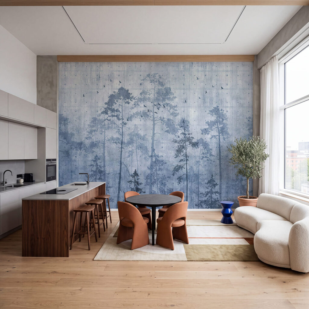 Groep bomen met rondvliegende vogels in een interieur