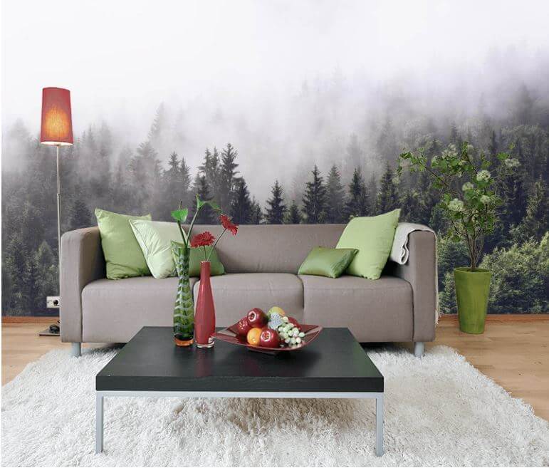 Bos van bomen met mist in een interieur