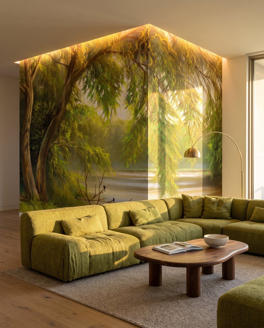 Wilgentakken boven warm rivierlicht in een interieur