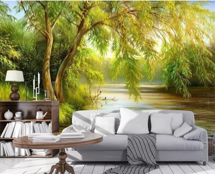 Rivier met bomen en gras in een interieur