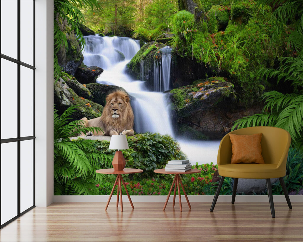 Leeuw voor een boswaterval — interieur 1