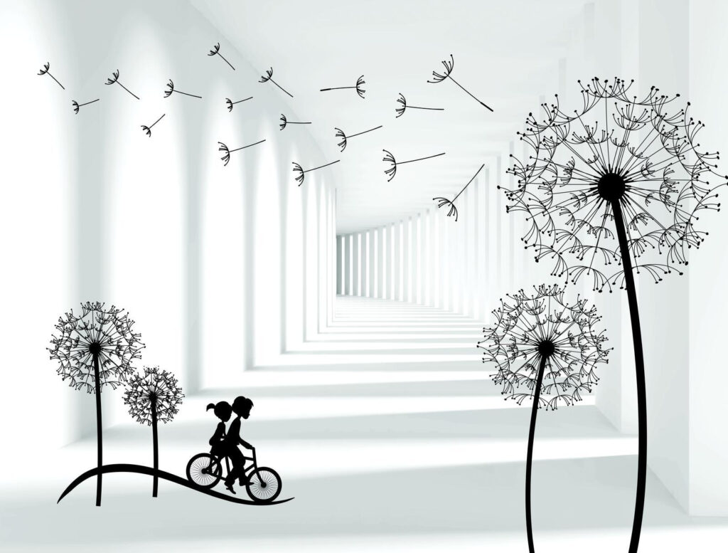 Fietsers tussen grote pluisbollen — volledig ontwerp