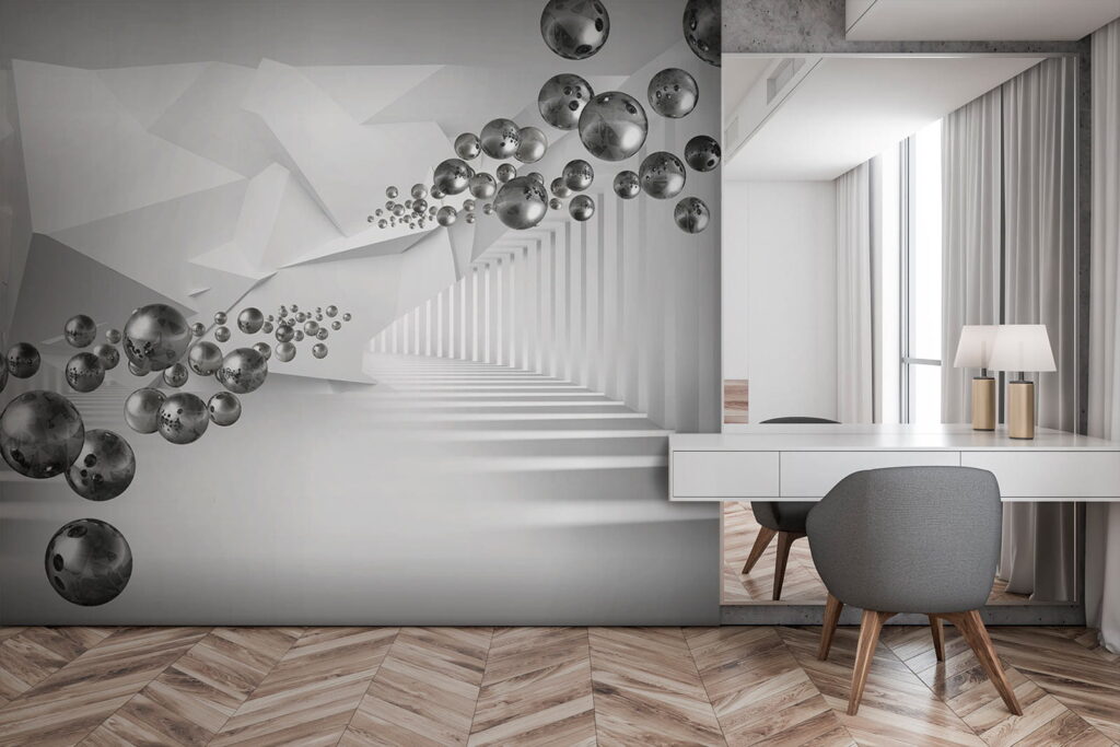 Zwevende bollen in een minimalistische ruimte in een interieur